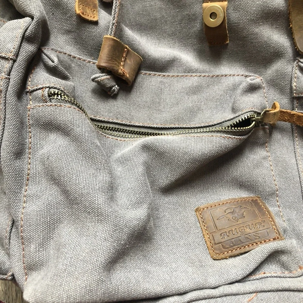 Vintage AUGUR Strauss & Co Gray Canvas Backpack Rucksack Hiking Travel